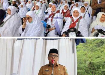 Pj Sekda Kabupaten Mandailing Natal Drs Sahnan Pasaribu sambut jamaah haji kloter 10.