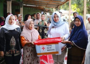 Wakil Bupati Madina Atika Azmi Utammi Nasution menyerahkan bantuan pada korban kebakaran.